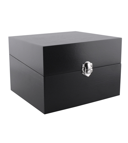 Black wooden box with a cushioned, satin black interior.